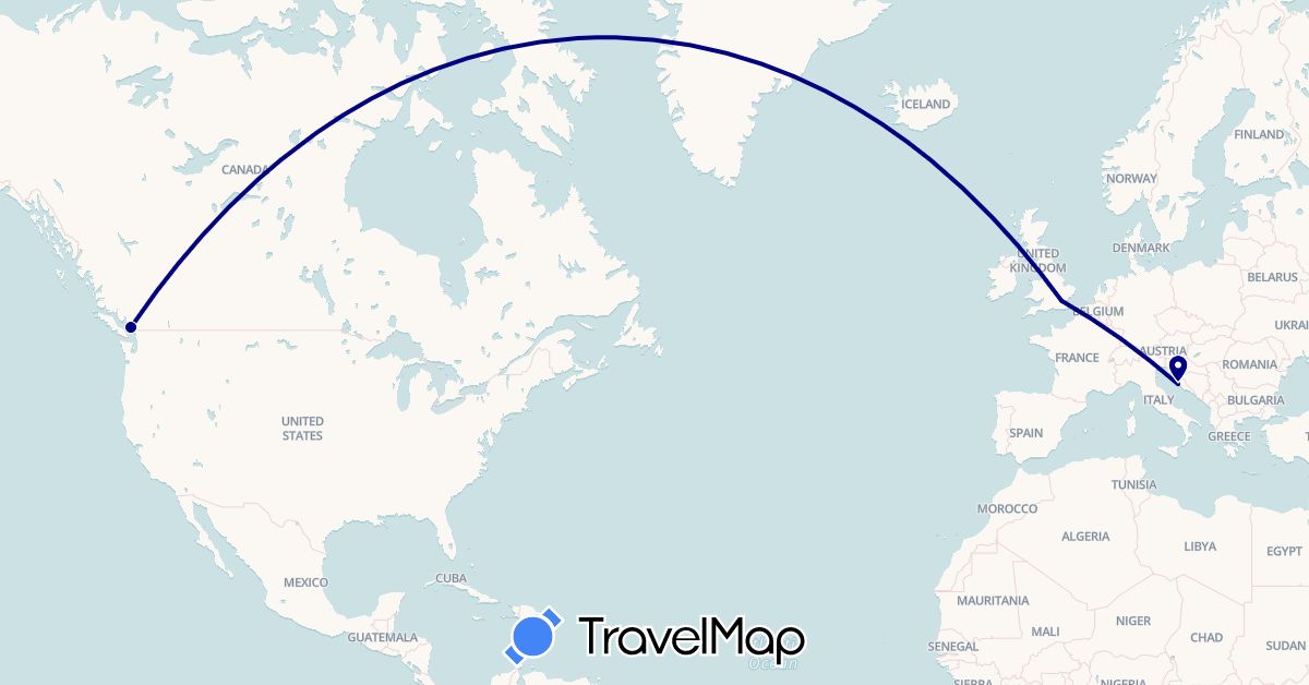 TravelMap itinerary: driving in Canada, United Kingdom, Croatia (Europe, North America)